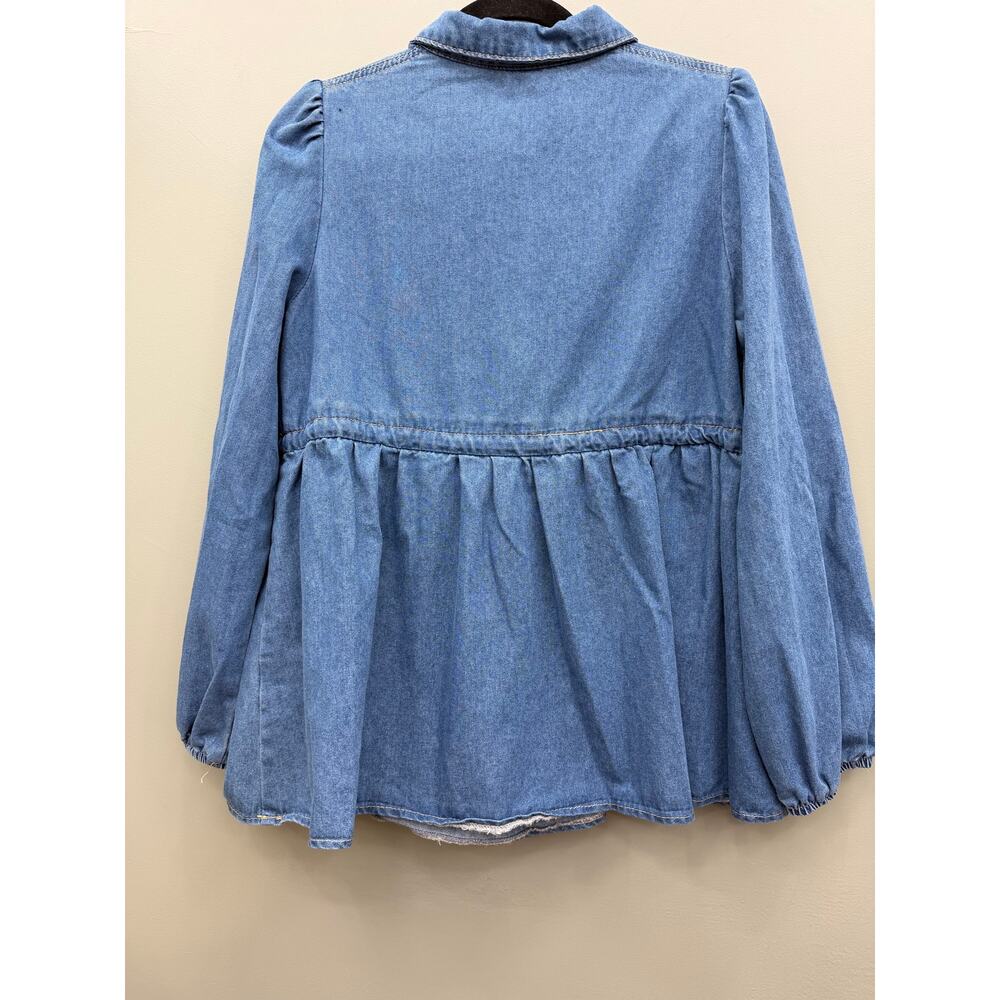Denim Peplum Blouse Women S Puff Sleeve Babydoll Chambray Utility Cottagecore - Picture 5 of 5